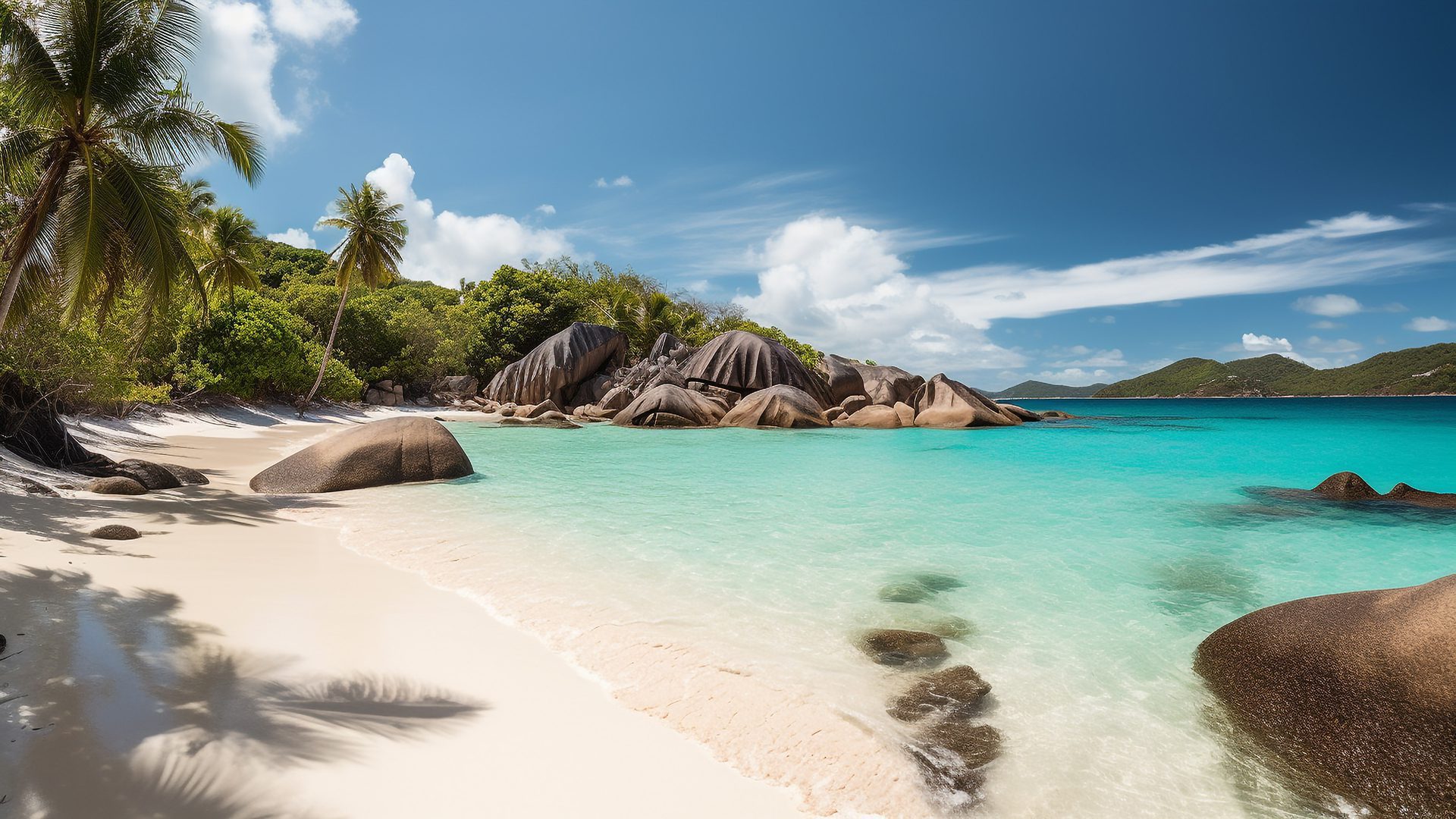 A tranquil scene of palm trees and turquoise waters generated by AI